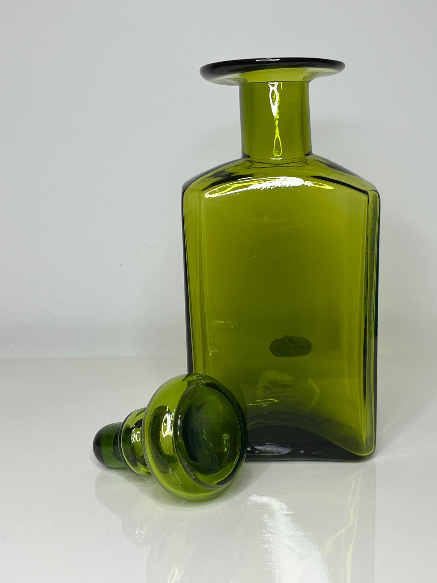 Mid Century Olive Green Rainbow Glass Decanter