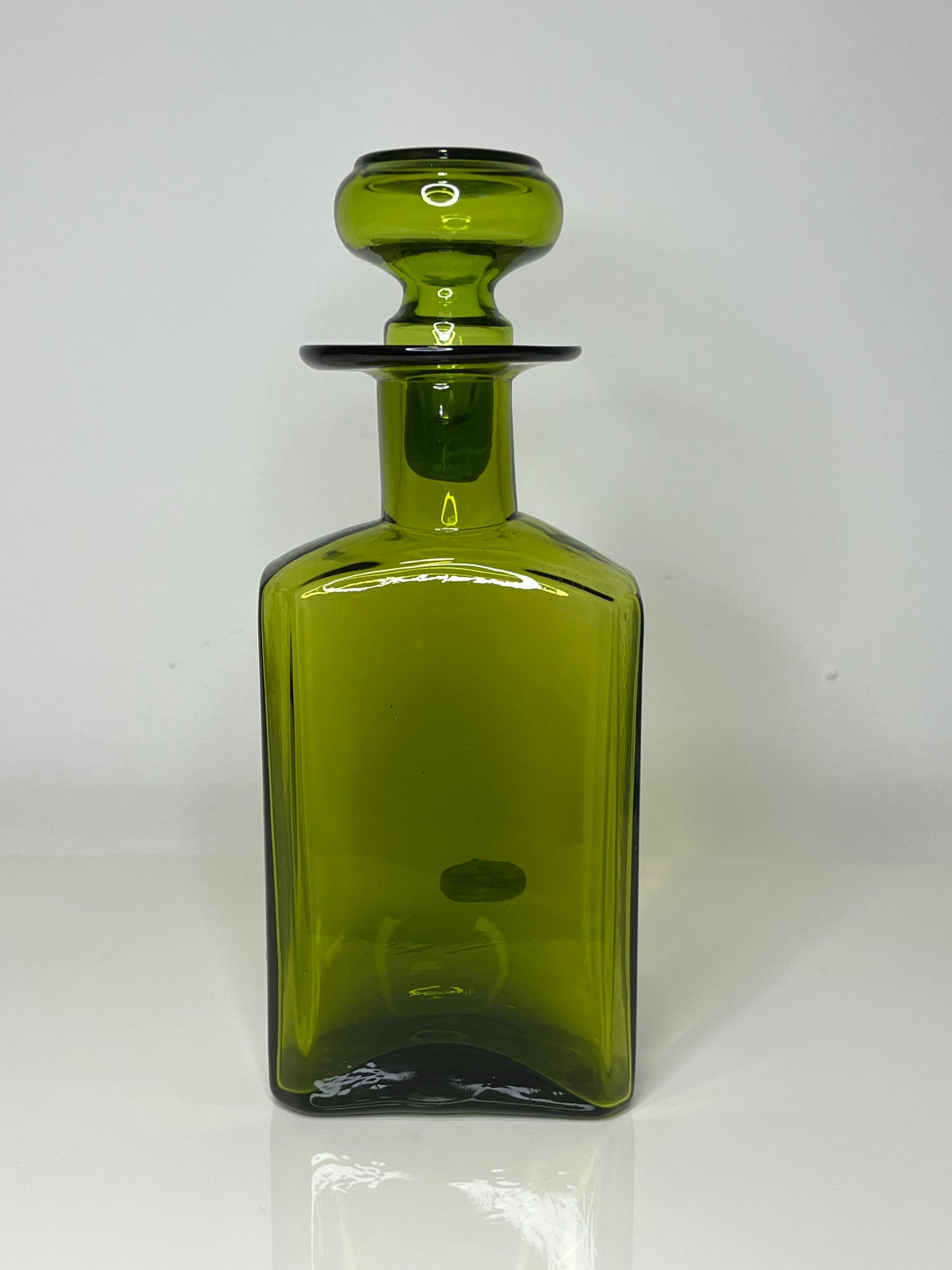 Mid Century Olive Green Rainbow Glass Decanter