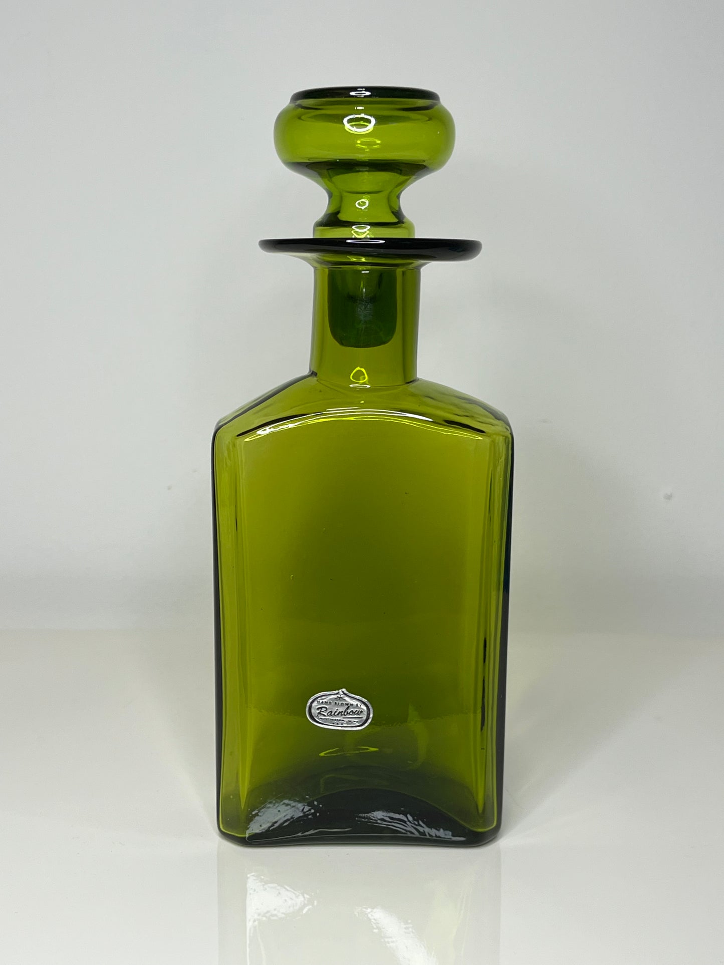 Mid Century Olive Green Rainbow Glass Decanter