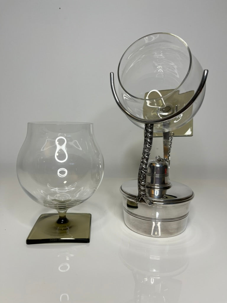 English Silver Plated Brandy Warmer + German Crystal Snifter Set