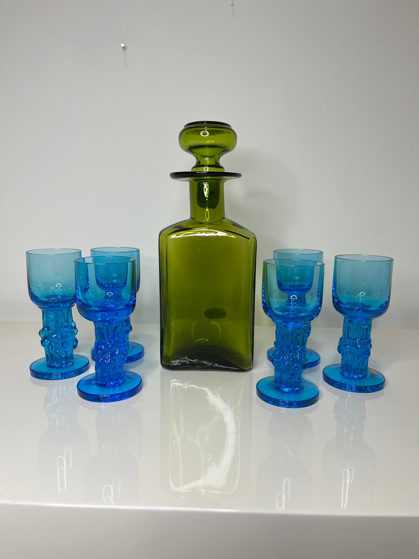 Mid Century Olive Green Rainbow Glass Decanter