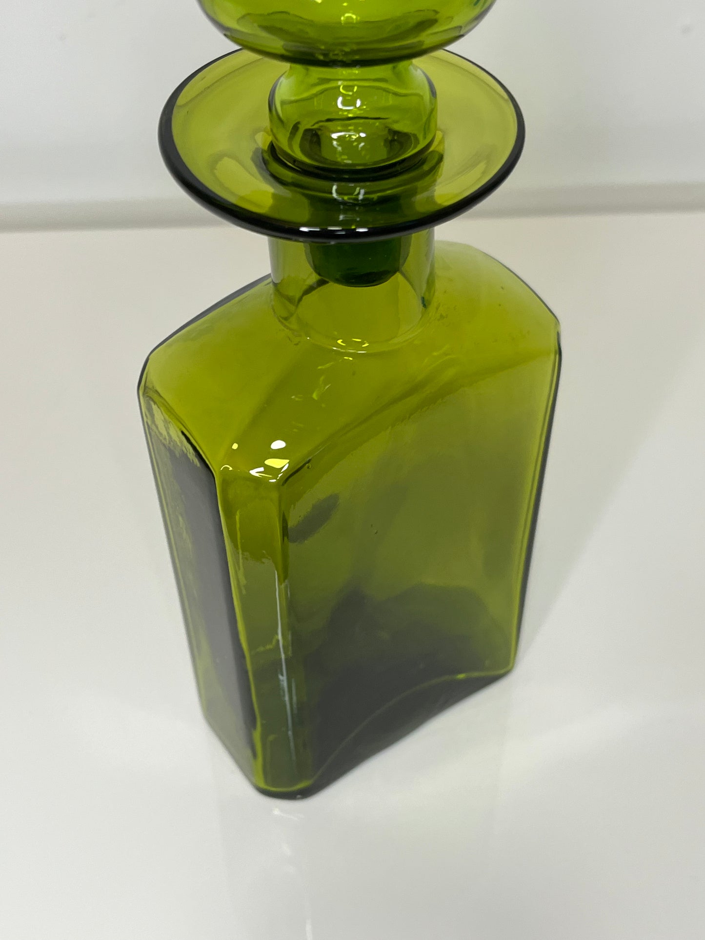 Mid Century Olive Green Rainbow Glass Decanter