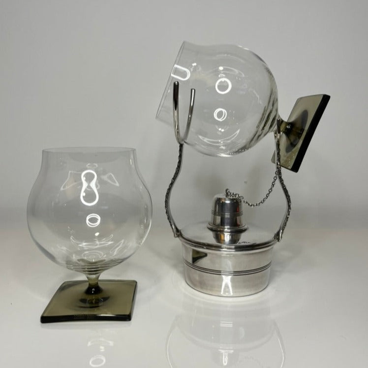 English Silver Plated Brandy Warmer + German Crystal Snifter Set