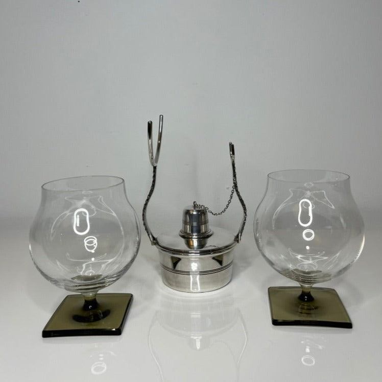 English Silver Plated Brandy Warmer + German Crystal Snifter Set