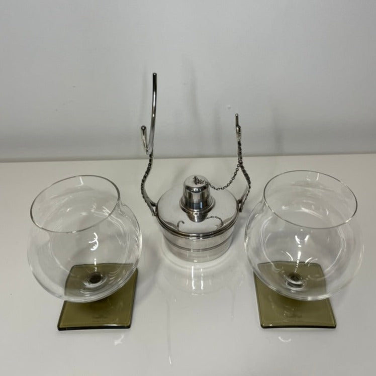 English Silver Plated Brandy Warmer + German Crystal Snifter Set