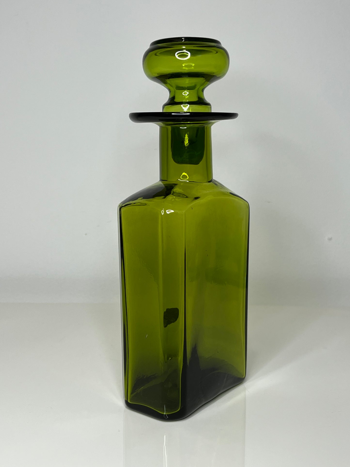 Mid Century Olive Green Rainbow Glass Decanter