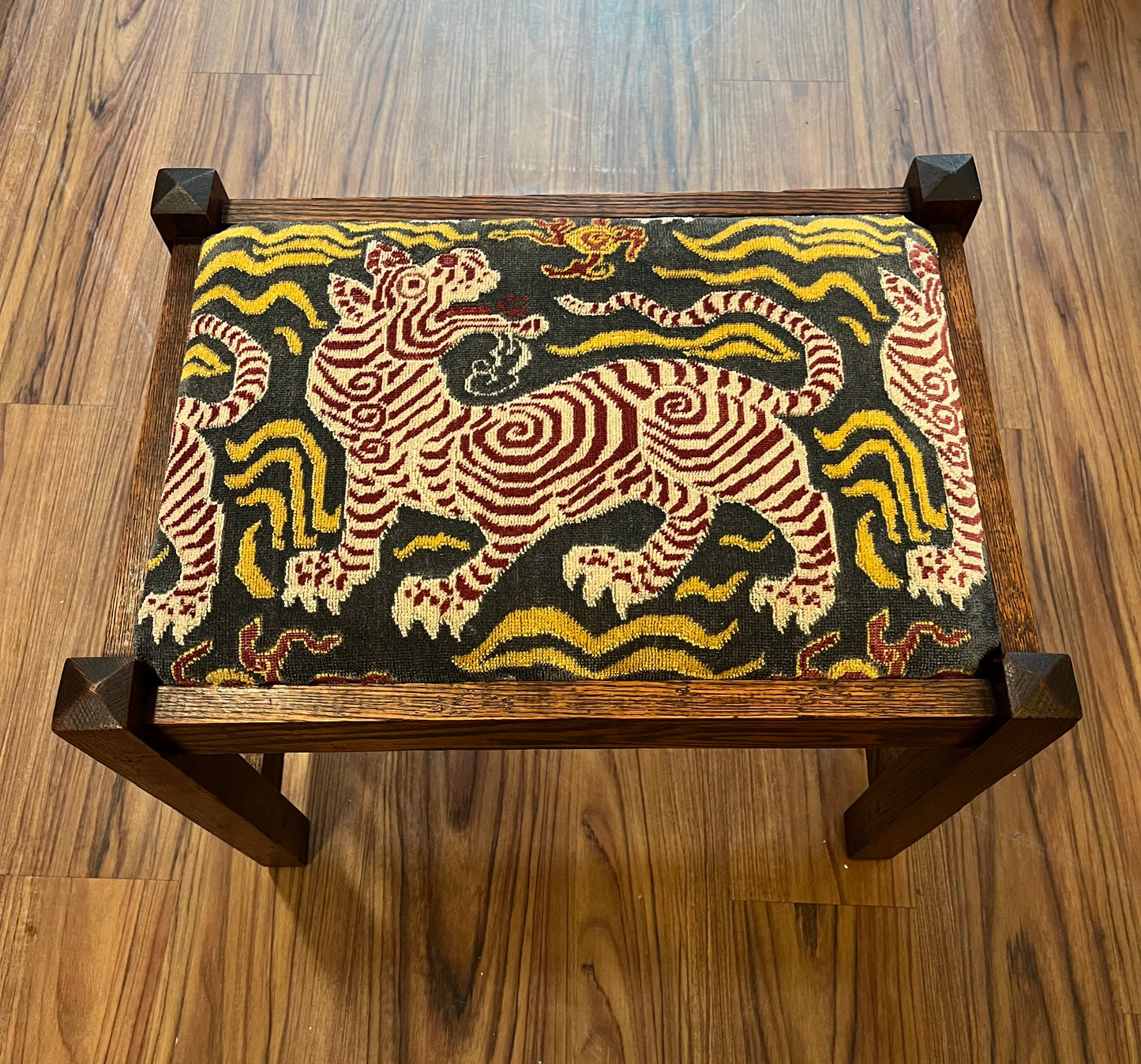 Antique Mission Bench w. Clarence House Upholstery