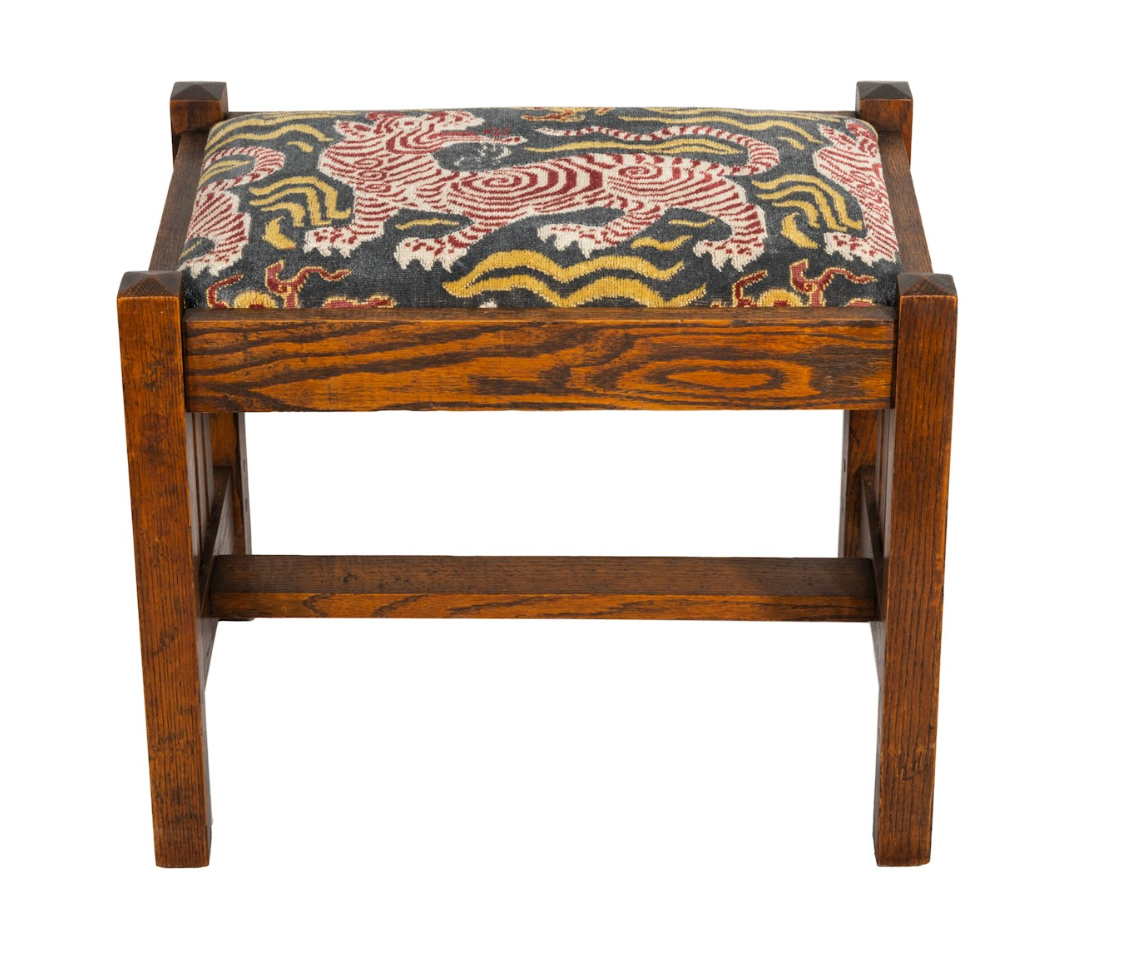 Antique Mission Bench w. Clarence House Upholstery